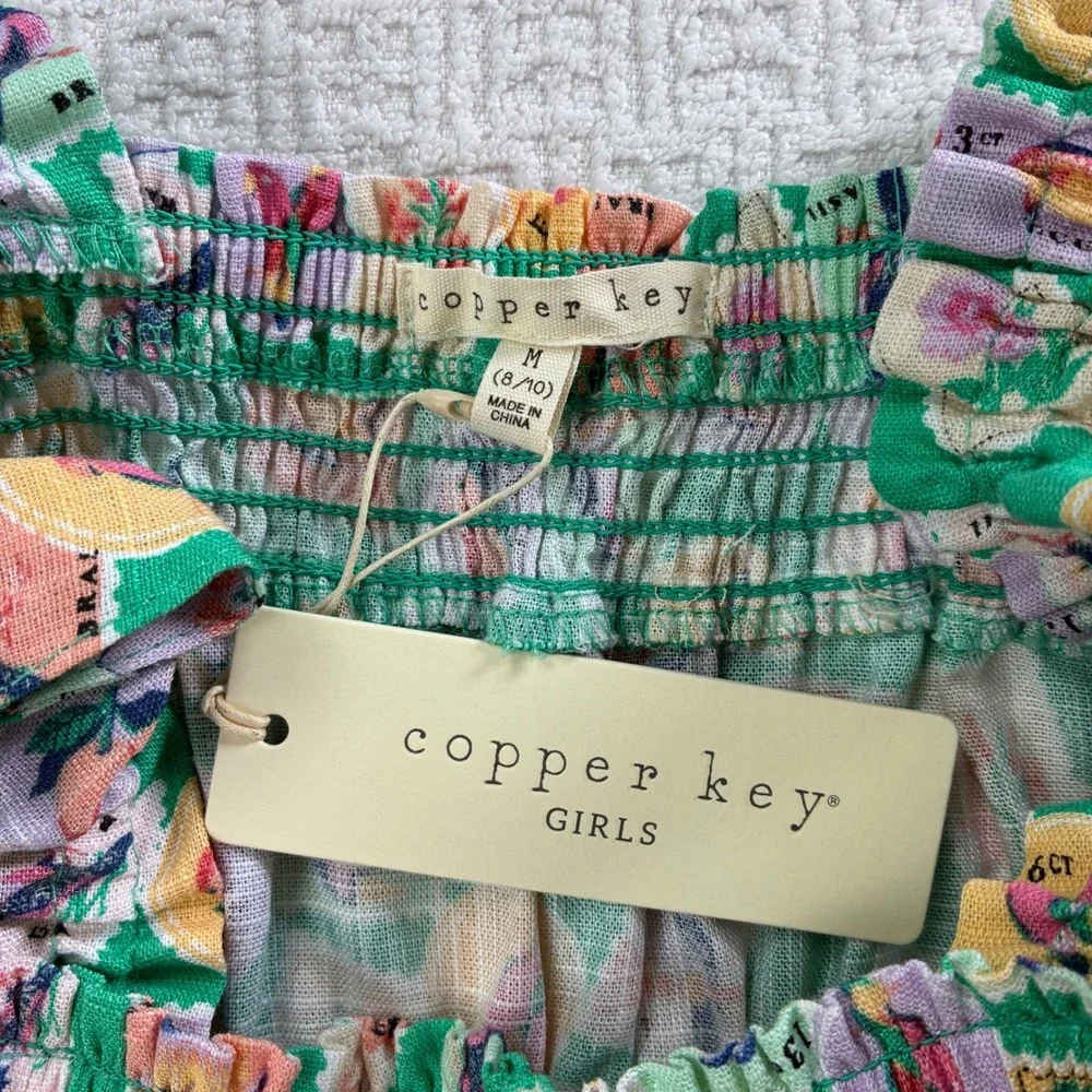 Copper Key Girls Med 10/12 Green Postage Stamp Smocked Tiered Dress Linen Blend